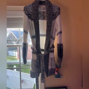 Loft Blue and White Striped Chunky Knit Tie Cardigan Medium